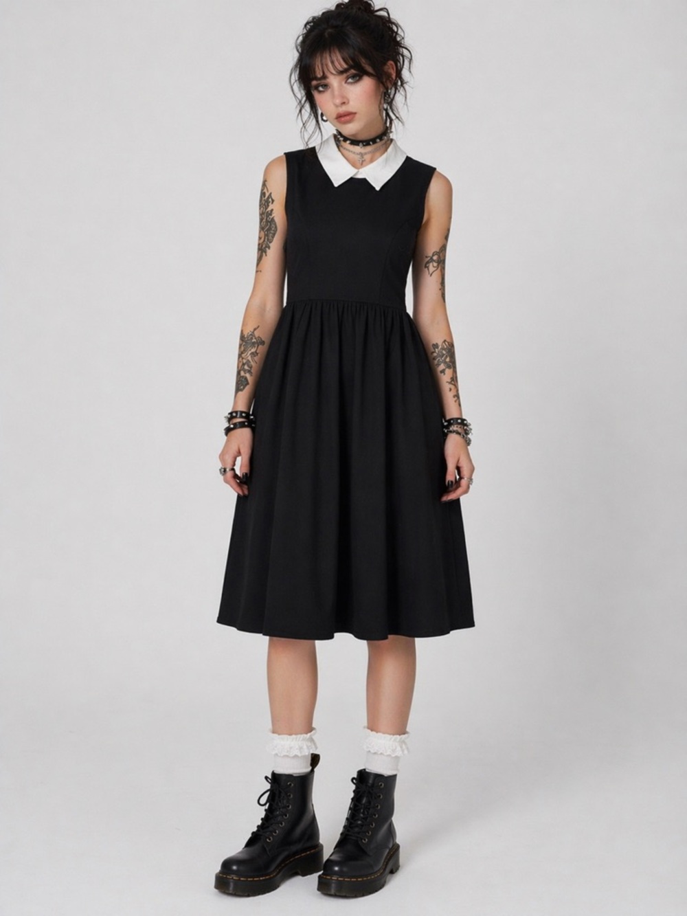 Hot Topic Goth Collar Fit Flare Dress Black White Sleeveless Size Large Alt Club